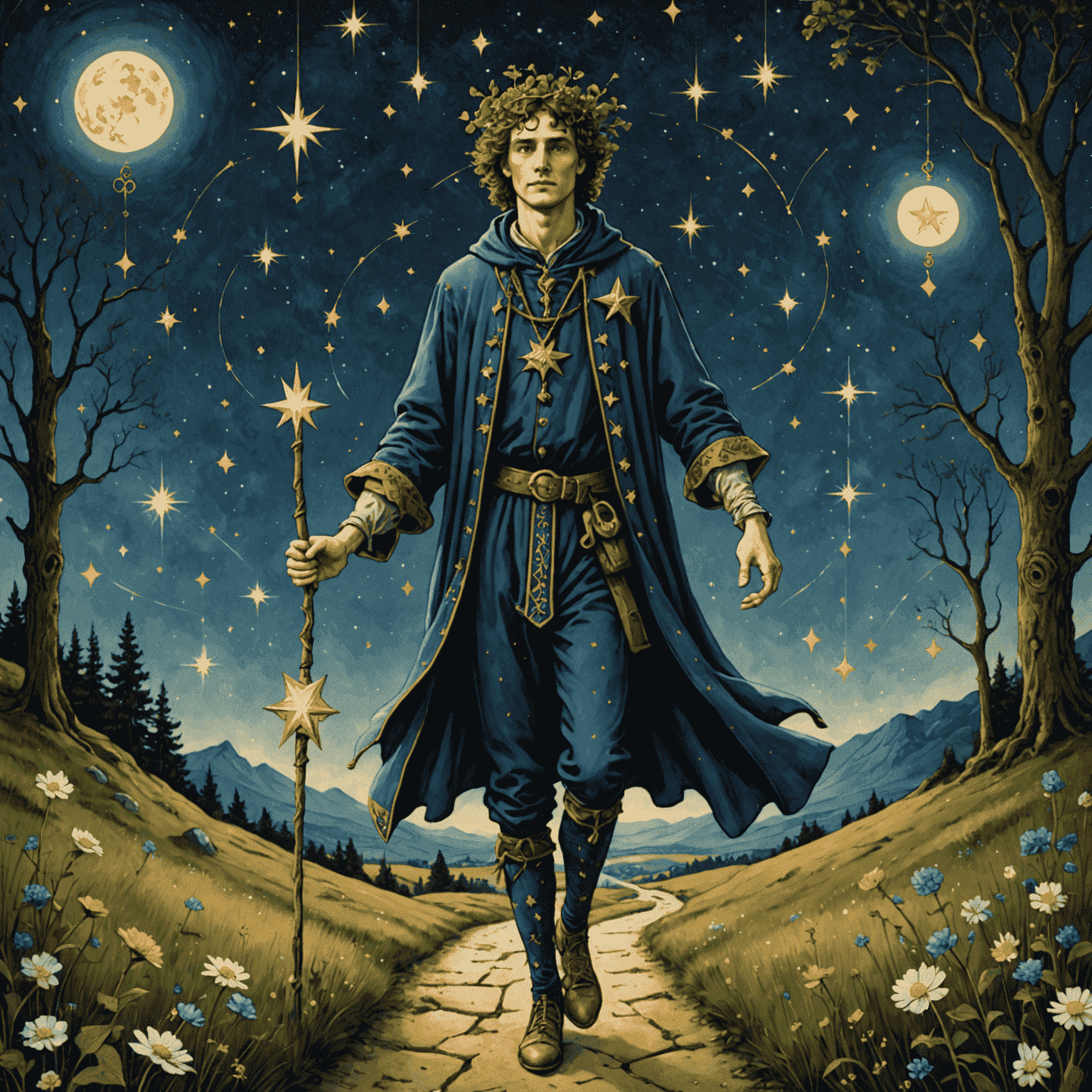 Una ilustración del Loco del Tarot caminando por un camino estrellado, con símbolos místicos flotando a su alrededor