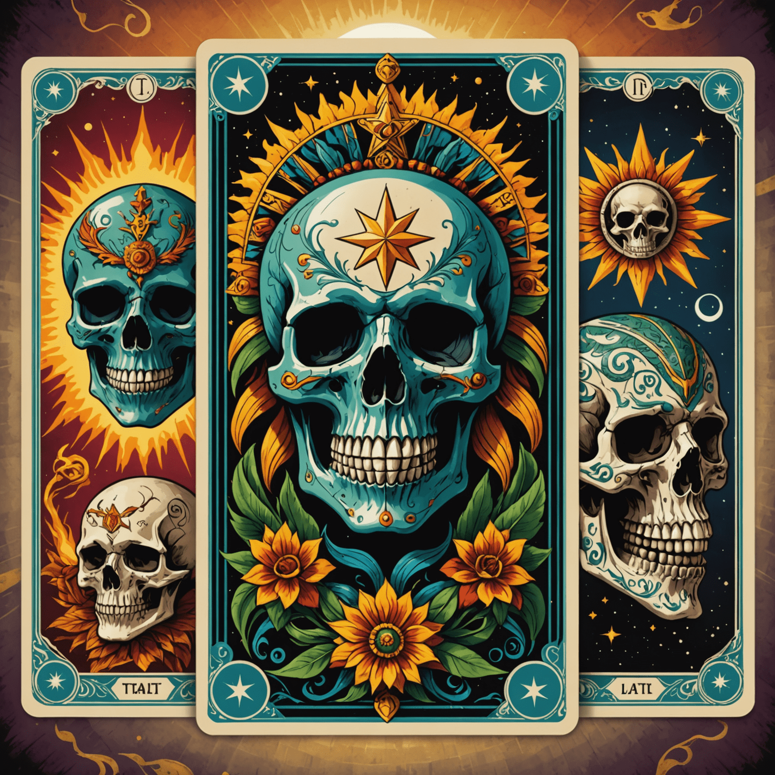 Ilustración de cartas de tarot mexicanas personalizadas mostrando La Muerte como una calavera colorida, El Sol como Tonatiuh, y La Estrella como Quetzalcóatl