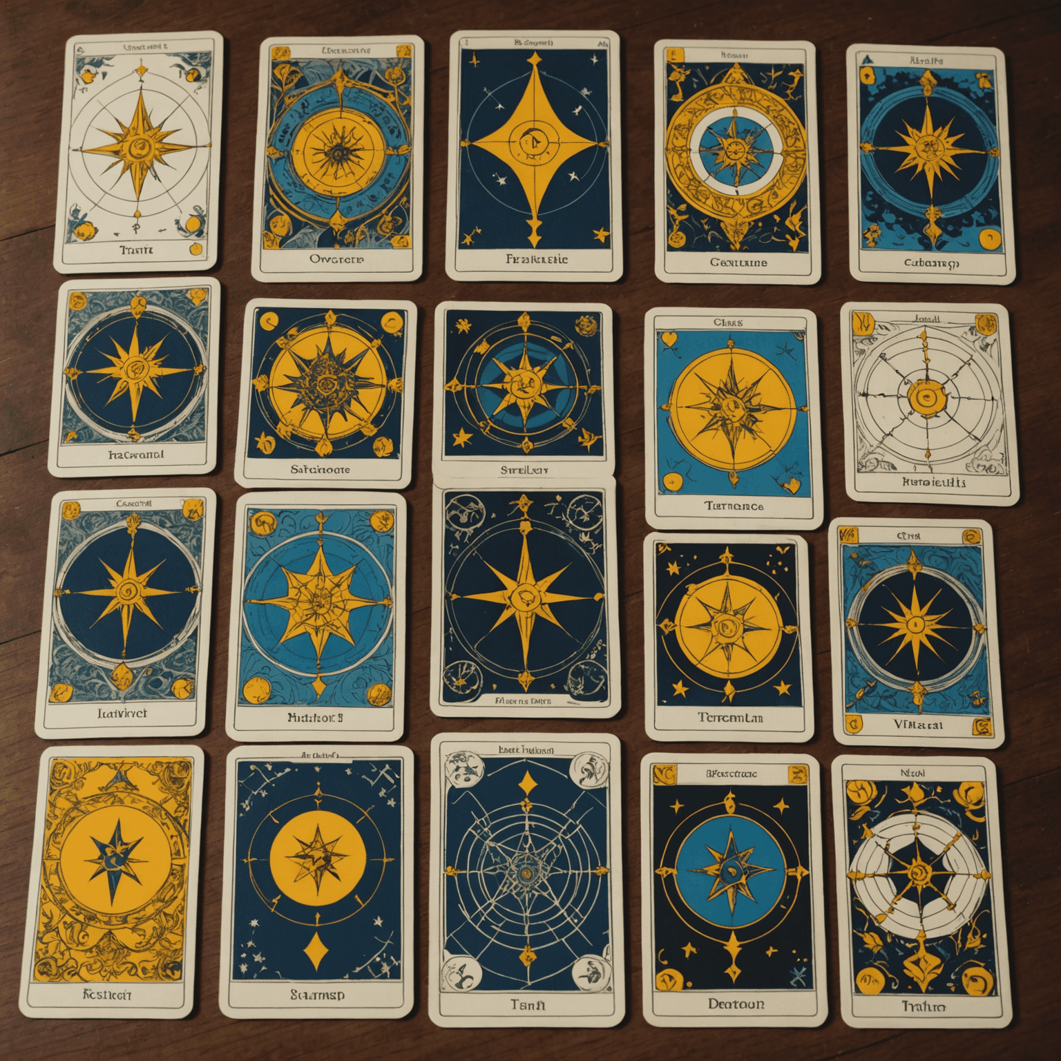 Una imagen que muestra varias tiradas de tarot dispuestas en patrones geométricos, con símbolos de autoconocimiento flotando alrededor